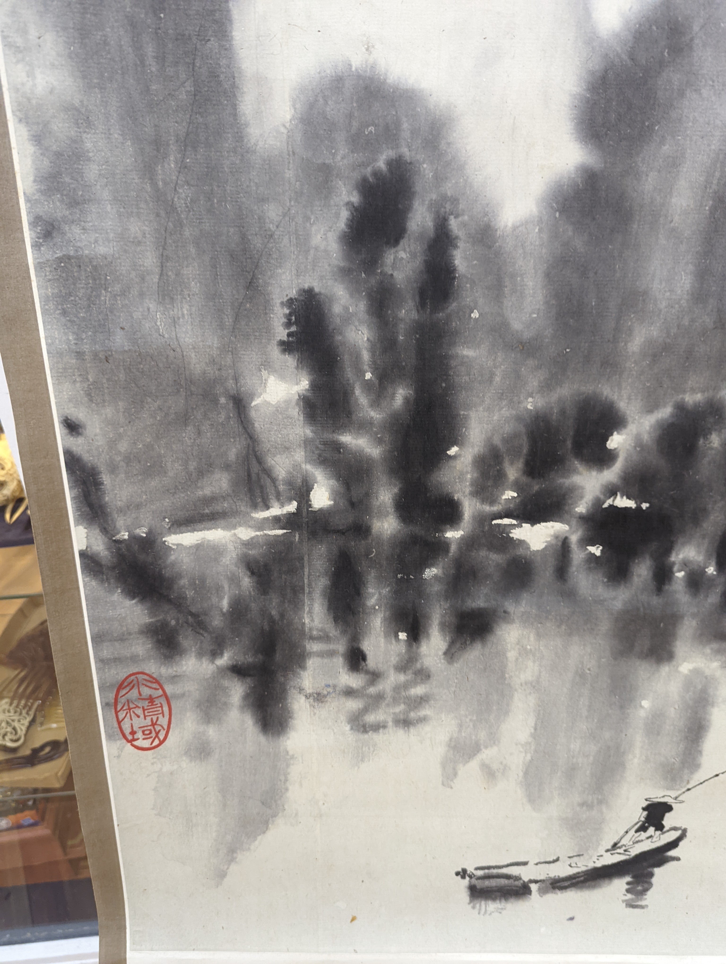 Two mid 20th century Japanese watercolour on paper scroll paintings, Boatman in a landscape, 79.5 x 113cm, and Cormorants on a bank, 103 x 106cm